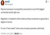 Zack ❤ @Asmongold Payment processor monopolistic censorship is one of the biggest unchecked cartels right now Regulation is needed to either break up these companies or guarantee a degree of service It's not a "free market" when every company operates collectively 4:21 PM ⚫ Jul 16, 2025 280.3K Views
