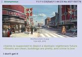 Anonymous 11/11/23(Sat)11:44:23 No.657150776 DENER OPEN 24 HRS HOTE ROSWELL BOWL OLYM Wolfenstein-2.jpg 104 KB JPG >Game is supposed to depict a dystopic nightmare future >Streets are clean, buildings are pretty, and crime is low I don't get it