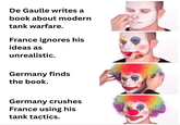 De Gaulle writes a book about modern tank warfare. France ignores his ideas as unrealistic. Germany finds the book. Germany crushes France using his tank tactics.