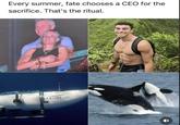 A meme reading, "every summer fate chooses a new ceo for sacrifice." The meme features images of Luigi Mangione, Andy Byron, a pod of orcase and the OceanGate sub.