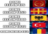 ROME FELL IN 476 SPOR ROME FELL IN 1453 ร + B B ROME FELL IN 1806 ROME FELL IN 1922 ROME NEVER FELL C⭑