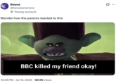 A "tweet":https://knowyourmeme.com/memes/sites/twitter-x about the "BBC Suicide" tweet, reading, "Wonder how the parents reacted to this."