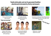 Totally believable and not Al-generated Redditor abandoned/mistreated by family starterpack From L to R: OP, Golden Child, Parents "Stop overreacting!" OP builds extremely successful business by themselves (Sometimes landscape) Minecraft gameplay in the background, even if the video is two hours long "Do it for Dan!" Golden Child's family demands to move into OP's new house Unnecessarily detailed descriptions of facial expressions "Believe me, I would doubt this as well."