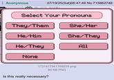 Anonymous 07/19/25(Sat)08:47:46 No.715862746 Select Your Pronouns They/Them She/Her He/Him She/They He/They All None 1731417941769235.png Is this really necessary? 90 KB PNG