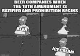 BEER COMPANIES WHEN THE 18TH AMENDMENT IS RATIFIED AND PROHIBITION BEGINS 2 BEER imgflip.com 222 33 A ICE CREAM