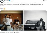 A nonsensical copypasta tweet. The tweet reads, "mind you, Kendrick Lamar has is now one two streams Spotify of on music."
