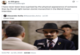 X user @PinstripeBungle quoted a post by @Alexander_Avina, writing, "I have never been less suprised by the physical appearance of someone than by the alt right Iranian zionist monarchist in the Mehdi Hasan interview."