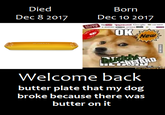 Died Born Dec 8 2017 Dec 10 2017 OK New Buddy CRETARD Welcome back butter plate that my dog broke because there was butter on it 目