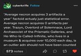 cyberkn1fe Follow "Average necron acquires 3 artifacts a year" factoid actualy just statistical error. Average necron acquires O artifacts per year. Trazyn, Overlord of Solemnace, Lord Archaeovist of the Prismatic Galleries, and He-Who-Is-Called-Infinite, who lives in a museum & acquires over 10,000 each day, is an outlier adn should not have been counted 573 notes