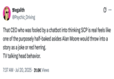 X user @Psychic_Driving commented on Geoff Lewis's supposed SCP Wiki-induced Cyber-psychosis, writing, "That CEO who was fooled by a chatbot into thinking SCP is real feels like one of the purposely half-baked asides Alan Moore would throw into a story as a joke or red herring."
