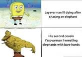 Jayavarman III dying after chasing an elephant His second cousin Yasovarman I wrestling elephants with bare hands
