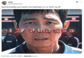 A "tweet":https://knowyourmeme.com/memes/sites/twitter-x using the Gi-hun "I'm F-----" "meme":https://knowyourmeme.com/memes/memes from "_Squid Game_":https://knowyourmeme.com/memes/subcultures/squid-game, captioned, "Dad probably just heard me beating it in VC with my BF."