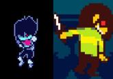 Two appearances of Kris' eyes in Deltarune. The appearances show Kris with a red eye.
