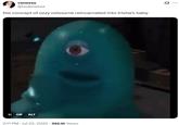 A tweet reading, "the concept of ozzy osbourne reincarnated into trisha’s baby." The meme is teh "BOB staring":https://knowyourmeme.com/memes/bob-staring meme.