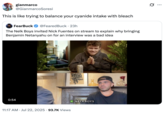 A "quote-tweet":https://knowyourmeme.com/memes/quote-retweets-qrts about the Nelk Boys having Nick Fuentes on to discuss their Benjamin Netanyahu interview, captioned, "This is like trying to balance your cyanide intake with bleach."