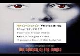 ✰✰✰✰✰ Misleading May 12, 2017 Format: Prime Video Not a single lamb. 7 people found this helpful Jodie foster/anthony hopkins/scoll glenn The silence of the lambs From the terrifying best seller