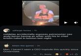u/Parge-leniss • 7h coldplay accidentally exposes astronomer ceo andy byron having an affair with his hr chief kristin cabot in boston last night. × Adam-the-gamer • 4h Man, I haven't seen a CEO implode this quickly since OceanGate. Reply 1 +1