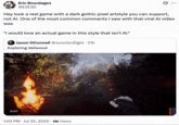 July 22nd, 2025 tweet by @EZE3D X user @EZE3D tweeted, "Hey look a real game with a dark gothic pixel artstyle you can support, not AI. One of the most common comments I saw with that viral AI video was, 'I would love an actual game in this style that isn't AI.'" The tweet was posted in response to gameplay from the upcoming game _Relics of the Oracle_.