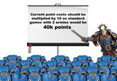 Current point costs should be multiplied by 10 so standard games with 2 armies would be 40k points