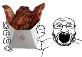 An image of a "Soyjak":https://knowyourmeme.com/memes/soy-boy-face-soyjak holding an Epic Bacon box, using the "Soyjak Shows His Phone":https://knowyourmeme.com/memes/soyjak-shows-his-phone template. 