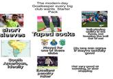 The modern-day Goalkeeper every big club wants Starter Pack short sleeves Taped socks Ball-playing ability is the focus, not keeping the ball out of net BRAZIL South South American, ideally SPORTING Played for one of these clubs Excellent penalty taker No one can agree if they're actually good Not very good at catching, or shot stopping