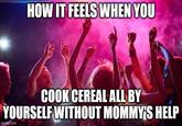 HOW IT FEELS WHEN YOU COOK CEREAL ALL BY YOURSELF WITHOUT MOMMY'S HELP imgflip.com