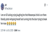 A "tweet":https://knowyourmeme.com/memes/sites/twitter-x talking about the Woesenpai Abuse Videos on "Instagram":https://knowyourmeme.com/memes/sites/instagram, reading, "I am on IG f------ crying laughing bro that Woesenpai chick is on there literally pistol whipping herself and running into the door trying to break her nose 😭😭😭😭😭."