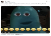 A "tweet":https://knowyourmeme.com/memes/sites/twitter-x using the "B.O.B. Staring":https://knowyourmeme.com/memes/bob-staring "GIF":https://knowyourmeme.com/memes/cultures/gif to joke about Woesenpai allegedly pistol-whipping herself, hoping to get her Black boyfriend arrested for domestic violence."