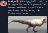 Pudge 18 @Pudge_Ruffi... 6h ... I imagine bird watching would've been considered a much more ambitious hobby during the Cretaceous period.