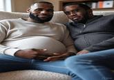 An AI-generated image of LeBron pregnant with Diddy's baby. Diddy and he are wearing nice sweaters.