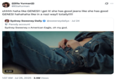 X user @EllaYurman quoted the post featuring Sydney Sweeney's American Eagle denim ad, writing, "ohhhh haha like GENES!! i get it! she has good jeans like she has good GENES! hahahaha like in a nazi way!! totally!!!!!"