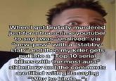 When I get brutally murdered just for a true-crime youtuber to say I was "unalived" via "pew-pew" with a "stabby- stab" and then my killer gets put into a "Top 10 serial killers with the most aura" slideshow and the comments are filled with girls saying "Why he kinda..."