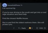GooseOnAPhone 9h Fun survival tip. If you're ever driving in the south and get into a road rage situation and need help. Find the closest Waffle House. Run in and find the oldest waitress there. She will protect you. Reply 1 1502