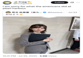 X user @FroegVol4 quote-tweeted the image of Saori Araki dressed as a Japanese salarywoman, writing, "I am sorry for what the americans did at pearl harbour." The post gathered over 100,000 likes in three days.
