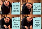 The great migration to the north part of the USA! The north is less racist than the south! imgflip.com NA Chicago race riots in 1919 Boston busing crisis in the 1970s