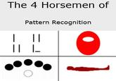 A meme reading, "the 4 horsemen of pattern recognition." The meme references "Loss":https://knowyourmeme.com/memes/loss, "Piper Perri Surrounded":https://knowyourmeme.com/memes/piper-perri-surrounded, "Among Us":https://knowyourmeme.com/memes/subcultures/among-us and "Saddam Hussein's hiding place":https://knowyourmeme.com/memes/saddam-husseins-hiding-place.