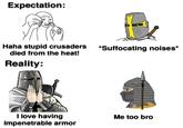 Expectation: Haha stupid crusaders died from the heat! Reality: I love having impenetrable armor *Suffocating noises* Me too bro