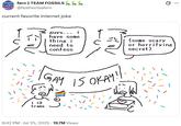 A tweet reading, "current favorite internet joke." The tweet shares a comic about a man who confesses a horrifying secret to his friends, who thought he was going to come out as gay.