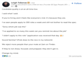 Leigh Tobenas n. 2nd 6h- Candidate quality is at an all-time low. I said what I said. If you're hiring and it feels like everyone's mid, it's because they are. + Follow I've seen people apply to 300 roles a week and still not bother to read the spec. "Sorry which job was this" "I've applied to so many this week can you remind me about the job" "I didn't apply to this role" (application was received that day ) Sound familiar? (Prob does to the recs in my network) We reject more people than your mate at 2am on Tinder. If they're not sharp, focused, and prepped, they don't get in. Change my mind. Ce☺ 29 54 comments