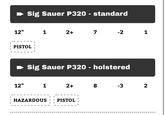 Sig Sauer P320 - standard 12" 1 2+ 7 -2 1 PISTOL ¦ Sig Sauer P320-holstered 12" 1 2+ 8 -3 2 ■ HAZARDOUS ! PISTOL