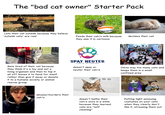 The "bad cat owner" Starter Pack Lets their cat outside because they believe 'outside cats' are real Feeds their cat/s milk because they saw it in cartoons declaws their cat Gets tired of their cat because they think it's a toy and not a living organism and then to top it all off leaves it to fend for itself rather than give it away or donate it to a humane society or animal rescue group SPAY NEUTER CLINIC OF THE CAROLINAS doesn't spay or neuter their cat/s Owns way too many cats and keeps them in a small confined area abuses/murders their cat/s doesn't bathe their cat/s once in a while because they learned cats are "self cleaning" Putting tight annoying costumes on your cats when they clearly don't like it, stressing them out