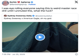 Barbie Agitprop ❤ @BarbieAgitprop. Follow X I was eye rolling everyone saying this is weird master race until I unmuted this, what the ? Sydney Sweeney Daily @sweeneydailyx Sydney Sweeney x American Eagle, oh my god. 7:35 PM Jul 25, 2025
