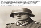 When everyone else in your Kampfgruppe is hyped up on amphetamines but you have ADHD so you're just mellow with clear thoughts for once.
