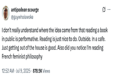 A "tweet":https://knowyourmeme.com/memes/sites/twitter-x seemingly joking about, "I don’t really understand where the idea came from that reading a book in public is performative."