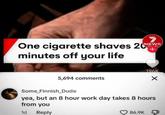 One c-------- shaves 20NEWS minutes off your life + 5,694 comments 196K ✓ Some_Finnish_Dude yea, but an 8 hour work day takes 8 hours from you 1d Reply 86.9K