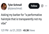 Tyler Schmall @tylerschmall Follow ... Asking my barber for "a performative hairstyle that is transparently not my vibe" • • 1:21 PM ⚫ Jul 21, 2025 45.3K Views