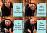 imgflip.com Create setting with Fantasy Racists Fantasy Racists say that characters should be treated differently based on their traits The Fantasy Racists are correct The Fantasy Racists are correct