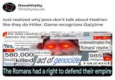 Dovahhatty @Hattydovah Just realized why jews don't talk about Hadrian like they do Hitler. Game recognizes Ga(y)me the Jews carefully planned the rebellion did the jews in the bar kokhba revolt massacre roman civilians Yes, the Bar Kokhba revolt did involve violence against Roman civilians! a horse private houses Jews sought refuge in caves, were outfitted "went about slaughtering them until sunk in blood 580,000 Ren underground hiding complexes killed act of genocide Palaestina diaspora underestimated the Romans' resolve. refugees died from hunger 985 villages razed d The Romans had a right to defend their empire