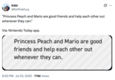 A screenshot from the "Nintendo":https://knowyourmeme.com/memes/subcultures/nintendo Today app reading, "Princess Peach and Mario are good friends and help each other out whenever they can."