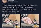 LIBERTY melissa @mequishiaa I can't send my family any pictures of my cat BECAUSE THEY END UP EDITING HER INTO RAW CHICKEN EVERYTIME SMH